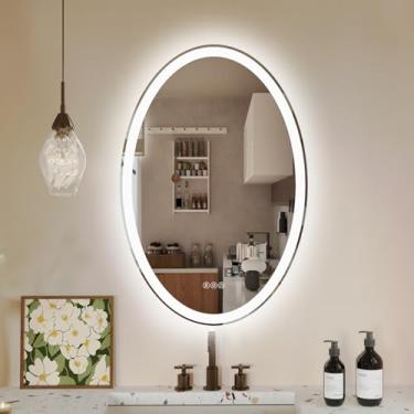 Imagem de WOSEKBATHAL Espelho De Banheiro Led, Espelho Oval Led De 36 X 24 Polegadas Para Banheiro, Espelho De Penteadeira Com Luzes Antiembaçantes E 3 Cores, Espelho De Banheiro Regulável De Parede Com Retr