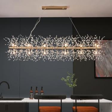 Imagem de witkey Lustre Moderno De Cristal Dourado Com 59" Em Formato De Fogos De Artifício, Luminária Pendente Com 18 Lâmpadas, Lustre Retangular Linear Sputnik Em Formato De Dente-De-Leão Para Sala De Janta
