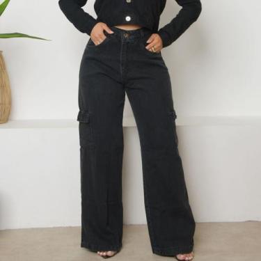 Imagem de Calça Cargo Jeans Feminina Wide Leg - KCG STORE, Black, 44