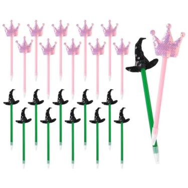 Imagem de FYSUIMU 20 peças de lembrancinha de festa de princesa e bruxa, 10 peças esferográficas de coroa de princesa e 10 peças, caneta de chapéu de bruxa, rosa e verde, para decoração de festa, suprimentos de