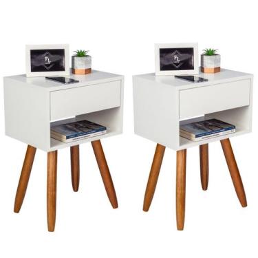 Imagem de Kit 2 mesas de cabeceira Retro OFF WHITE 60cm de altura pés castanhos 