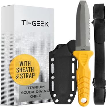 Imagem de TI GEEK Faca De Mergulho De Sobrevivência Em Titânio Com Lâmina Fixa, Bainha E Alças - Coldre Para Colete Salva-Vidas, Coxa/Perna, Fivela De Cinto Ou Pulso, Corte, Lâmina Serrilhada E Cortador De L