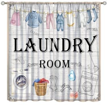 Imagem de AAVEUP Cortinas de lavanderia, tábuas de madeira rústicas vintage, roupas de secagem coloridas, sabonete, janelas, tratamentos, varão, bolso, cortinas para sala de estar, quarto, banheiro, 106,7 x