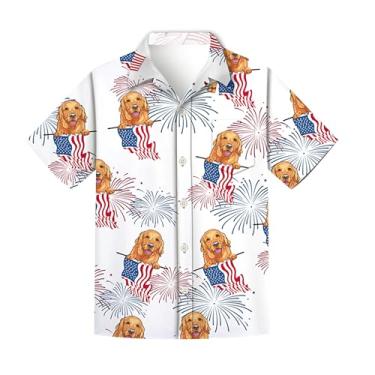 Imagem de Regenboog Camisa masculina patriótica de 4 de julho, bandeira dos EUA, estampada em 3D, manga curta, camisa de botão, camiseta masculina divertida de praia havaiana, dia da independência, cachorro, G