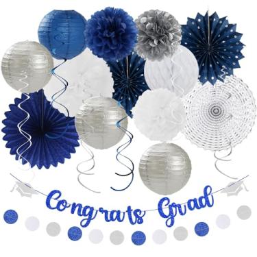 Imagem de Hugtmr Festa De Formatura 2025 - Decorações Banners E Serpentinas 21 Peças, Azul-Marinho, Branco Prata, Decoração Fundo Para Formatura, Guirlanda Borlas, Pompons Tecido Em Formato Favo Mel, Leques L