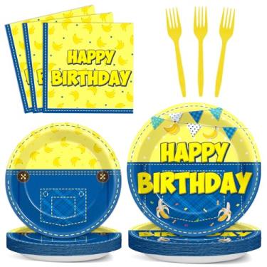 Imagem de 96 peças de pratos e guardanapos amarelos para festa de aniversário com tema de desenho animado, conjunto de utensílios de mesa para crianças, 24 convidados, decorações de chá de bebê com tema de