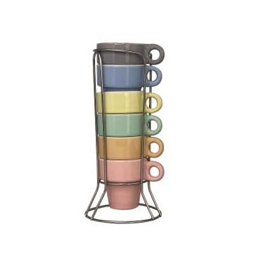 Imagem de Conjunto de 6 Xícaras de Cerâmica, 50 ml, com Suporte em Aço Inox, Cores Sortidas