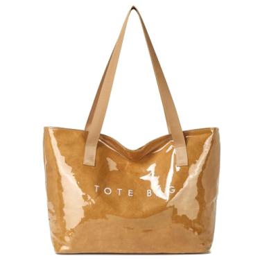 Imagem de Covelin Bolsa de mão feminina elegante de grande capacidade minimalista com letras TOTE BAG, couro durável para uso diário, Marrom, One Size