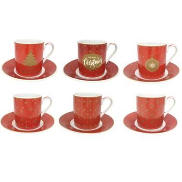Imagem de Conjunto de Xícaras e Pires Porcelana Natalina Decor 6 Unidades