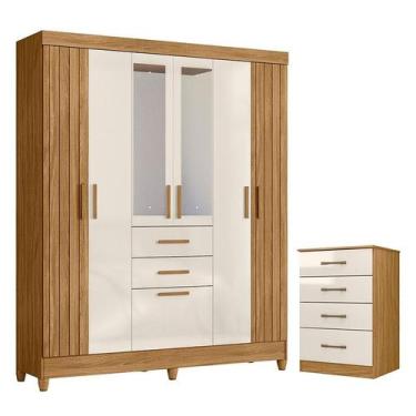 Imagem de Guarda Roupa Solteiro Malta com Espelho e Cômoda MS913 Freijó Off Whit