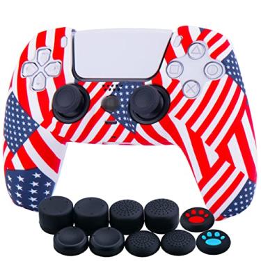 Imagem de YoRHa Capa de silicone espessa com impressão de transferência de água para controle Dualsense Sony PS5 x 10 (bandeira dos EUA) com punhos para polegar