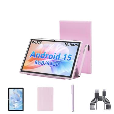 Imagem de YQSAVIOR Tablet Android 15 com teclado, tablets de 10 polegadas com capa, expansão de 8 GB + 64 GB/1 TB, 2,4 G + 5 G + Wi-Fi 6, 6000 mAh, BT, GMS, jogos, câmera de 8 MP (rosa)