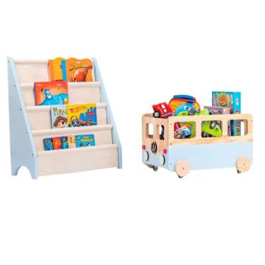 Imagem de Brinquedoteca Montessori Rack Livros Caixote Kombi Azul - Curumim Kids