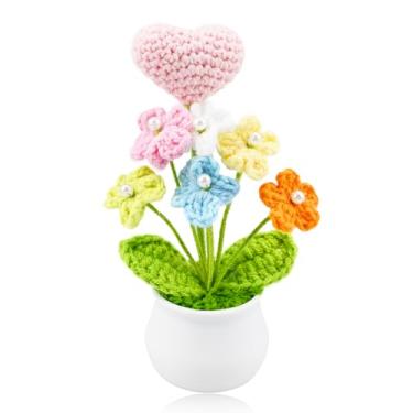 Imagem de Vaso de flores de crochê feito à mão, mini flores artificiais tricotadas para painel de carro, decoração de mesa de escritório, pequena árvore de crochê, presente de aniversário para mulheres