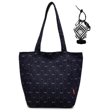 Imagem de Micmores Bolsa jeans feminina vintage, bolsa de ombro moderna, bolsa jeans para trabalho, viagem, compras, Estampa de laço - preto, Large, Sacola jeans moderna