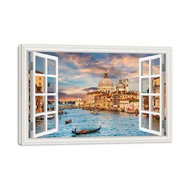 Imagem de Impressão em tela emoldurada de madeira janela de arte de parede Itália Veneza pôr do sol 3D falsa janela vista paisagem paisagem imagem impressão em tela arte de parede para sala de estar 60 x 90 cm