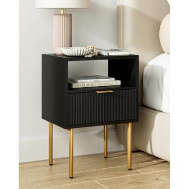 Imagem de AEPOALUA Mesa de cabeceira, mesa de cabeceira Morden com moldura dourada, pequena mesa de cabeceira preta, mesa de cabeceira, mesa lateral com gaveta e prateleira para quarto, sala de estar (1 gaveta