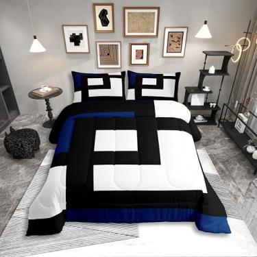 Imagem de Erosebridal Conjunto de cama listrado azul, preto e branco, tamanho casal, geométrico, quadrado, abstrato, para adultos, mulheres, homens, listras, geométricas, linhas ousadas, conjunto de cama