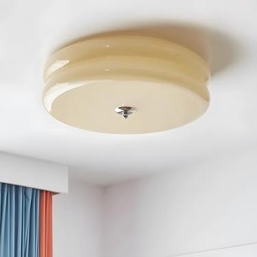 Imagem de Bofea - Luminária de teto semiembutida minimalista moderna, luz de teto redonda de vidro amarelo leite, luminária de teto nórdica para decoração de corredor de quarto e ilha de cozinha