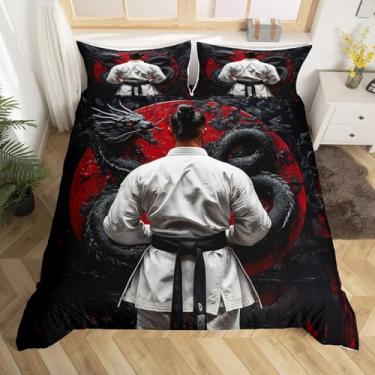 Imagem de Jogo de cama solteiro japonês Taekwondo, estampa de dragão preto e vermelho, para decoração de quarto de crianças, meninos, adolescentes, homens, capa de edredom de boxe coreano, vintage, animais