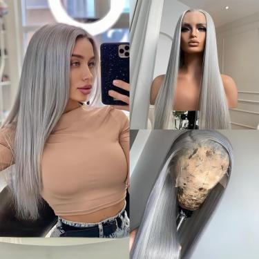 Imagem de Perucas Para Mulheres Branco Loiro Platinado Reto Frente De Renda Perucas De Cabelo Humano 13x4 Hd Transparente 180% Densidade Perucas Frontais De Renda Encaracoladas, Grey, 18 Inch