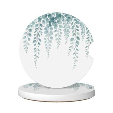 Imagem de Neukim Pacote com 2 porta-copos de carro de eucalipto azul e verde, 6 cm, folhas de aquarela, antiderrapante, porta-copos absorvente de cerâmica com base de cortiça e entalhe de dedo, acessórios de