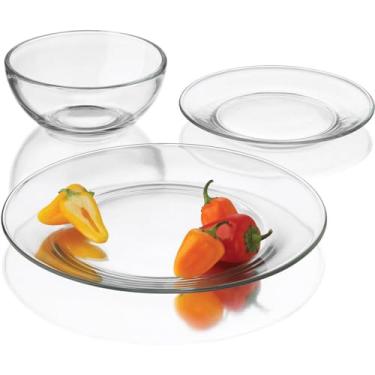 Imagem de Libbey Conjunto de louça de vidro transparente de 12 peças – Pratos de jantar de 10 × 26 cm, pratos de salada/sobremesa de 10 x 18 cm e tigelas de sopa/cereais de 10 x 15 cm – Redondo, vidro liso