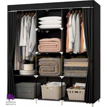 Imagem de Guarda Roupa Dobrável Preto Organizador de Roupas 3 Portas Multiuso Armário Camiseta Calça