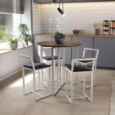 Imagem de Conjunto Mesa Redonda Imbuia 4 Cadeiras Pequena Estofado Industrial Wh