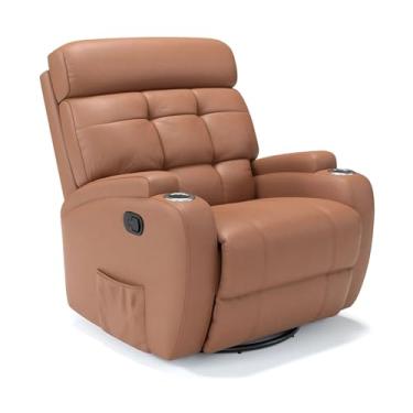 Imagem de Poltrona do papai Reclinável Manual Com base Giratória e Balanço em Couro Bovino (Caramelo)