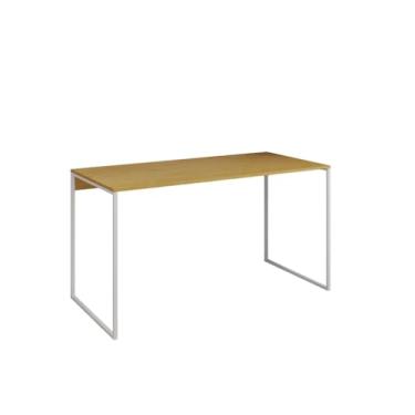 Imagem de Mesa Escrivaninha Para Escritório Industrial Grécia Base Ferro Tampo de 120x53cm em Madeira(BRANCO/CANELA)