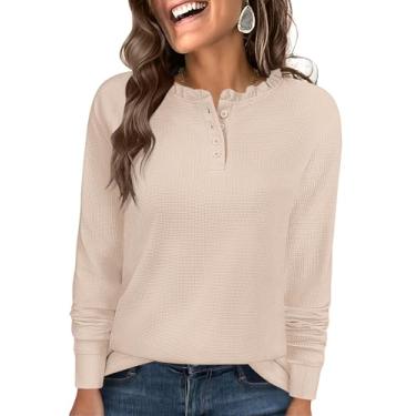 Imagem de Kopinma Túnica feminina de malha waffle de manga comprida com botões Henley, Damasco, XG