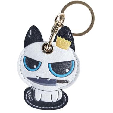 Imagem de Capa de couro compatível com AirTag, capa protetora de rastreador GPS com chaveiro para chaves, crianças, idosos, coleira de animais de estimação, mochilas, bagagem (gato branco)