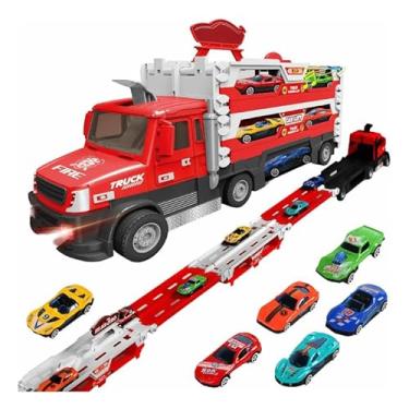 Imagem de Brinquedo Caminhão De Bombeiros Pistas De Grandes Carros Com 6 Carrinhos Catapulta Corrida