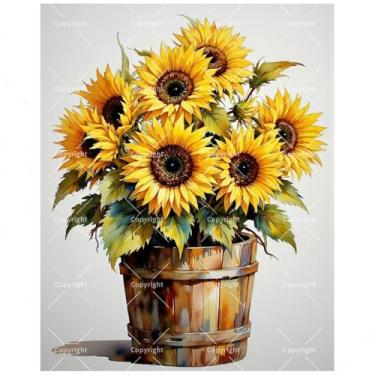 Imagem de Kit de pintura de arranjo de flores por números para adultos - Girassóis DIY em balde de madeira pintura em tela 40,6 x 50,8 cm, conjunto de tinta acrílica, adequado para iniciantes, arte para