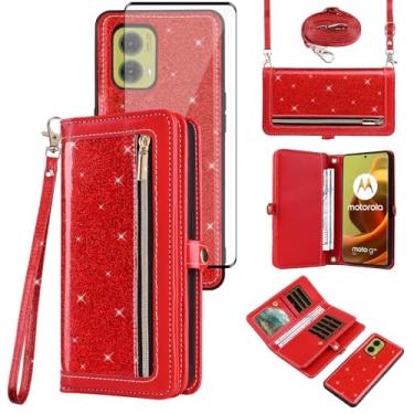 Imagem de Asuwish Capa carteira compatível com Motorola Moto G85 5G e protetor de tela de vidro temperado, capa flip de couro com glitter, zíper, suporte para cartão, acessórios para celular, capas de telefone