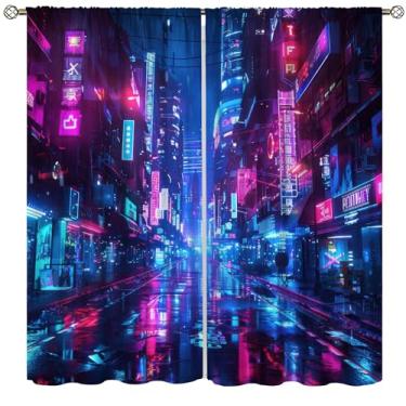Imagem de VUMIVI Cyberpunk Cityscape Cortinas Blackout Neon Futurista Paisagem Urbana Tratamentos de Janela para Sala de Jogos Ficção Científica Quarto Tech Expo 139.7 cm L X 160.0 cm C
