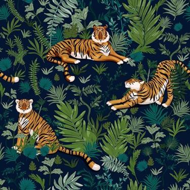 Imagem de zoé&yifan Papel de parede vintage azul verde tigre papel de parede 45 x 599 cm, adequado para locatário, cozinha, quarto, armário, impermeável, removível, autoadesivo