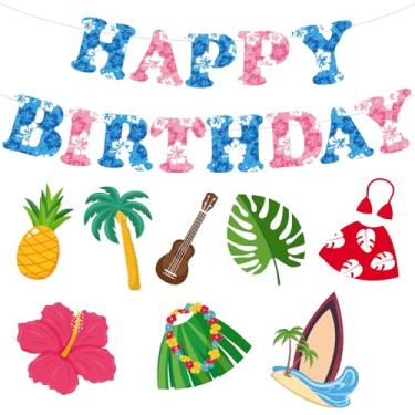 Imagem de SAVITA Tropical Desenhoanimado Feliz Aniversário Faixas Conjunto, Havaiano Faixa de Aniversário Decoração Temática Azul Rosa para Verão Festas Chás de Bebé Casamentos e Praia Eventos Temáticos