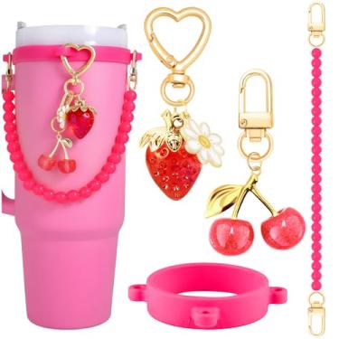 Imagem de 4 peças de acessórios para garrafa de água Owala Stanley conjunto de acessórios de copo rosa choque alça de alça decoração bonito cereja fruta copo copo conjunto de acessórios para mulheres suporte de