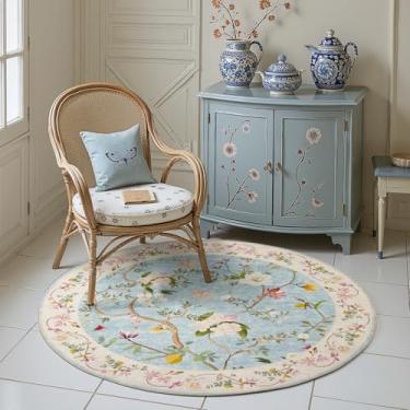Imagem de jinchan Tapete redondo floral de 1,2 m, tapetes circulares macios antiderrapantes laváveis à máquina, tapete de camada baixa para banheiro, tapete de entrada, decoração de cozinha, azul/rosa