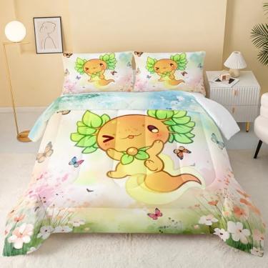 Imagem de QOOMO Jogo de cama infantil Kawaii Axolotl, estampa animal, tamanho solteiro, para decoração de quarto de meninos, meninas e adolescentes, macio e leve para todas as estações, 1 edredom e 2 fronhas