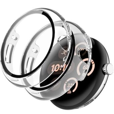 Imagem de Miimall Pacote com 2 capas rígidas de policarbonato para Google Pixel Watch 3 XL (2024) 45 mm, cobertura total sensível ao toque com protetor de tela de vidro temperado, à prova de choque, capa