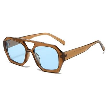 Imagem de Mirkcittle Óculos de sol aviador quadrados modernos para mulheres e homens, armação grossa hexagonal com ponte dupla, óculos de sol inspirados em designer, Lente marrom/azul, Medium