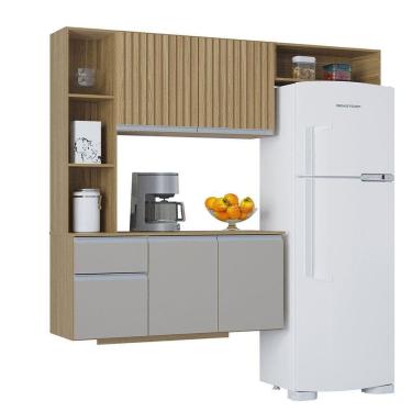 Imagem de Kit Cozinha Suspensa Mel Com Balcão 163cm Poquema Móveis Damasco - Ripado - Offwhite