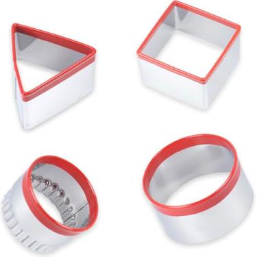 Imagem de Conjunto de 4 cortadores de biscoito – Cortador de biscoito triângulo quadrado canelado redondo com protetor de borracha superior vermelha para assar bolinhos e biscoitos circulares