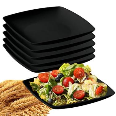 Imagem de Conjunto de 6 peças de pratos quadrados de palha de trigo inquebrável, prato de jantar profundo leve, conjunto de acompanhamentos de salada para casa e cozinha, reutilizável (23 cm, preto)