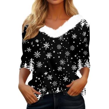 Imagem de Suéter de Natal COTECRAM feminino plus size com decote em V preto