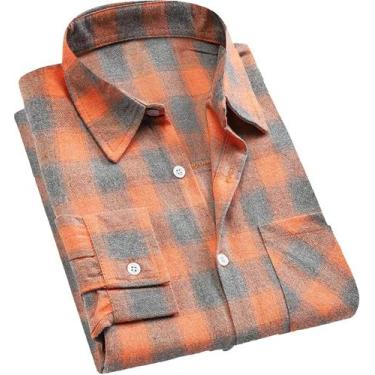 Imagem de Camisa masculina casual de flanela cromoncent, xadrez, laranja, cinza