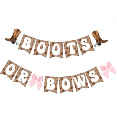 Imagem de Banner de revelação de gênero de botas ou laços ocidentais - decoração de chá de bebê com tema de caubói ou vaqueira para festa, pano de fundo de foto, placa de mesa de sobremesa selvagem